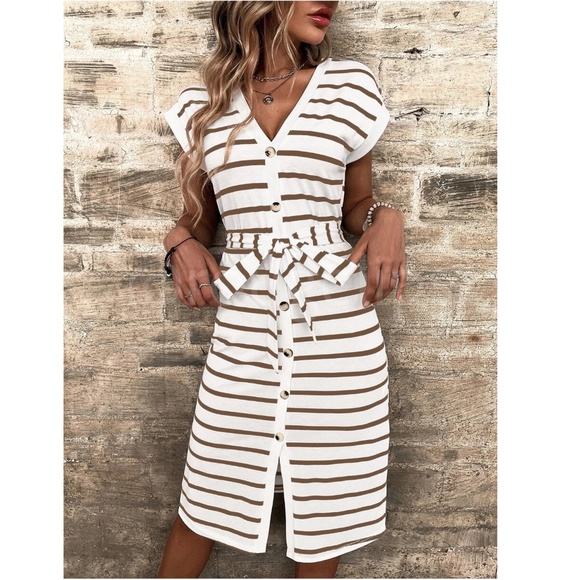 White Striped Casual Tie Belted Tee Dress Knee Length Short Sleeve - Picture 4 of 8